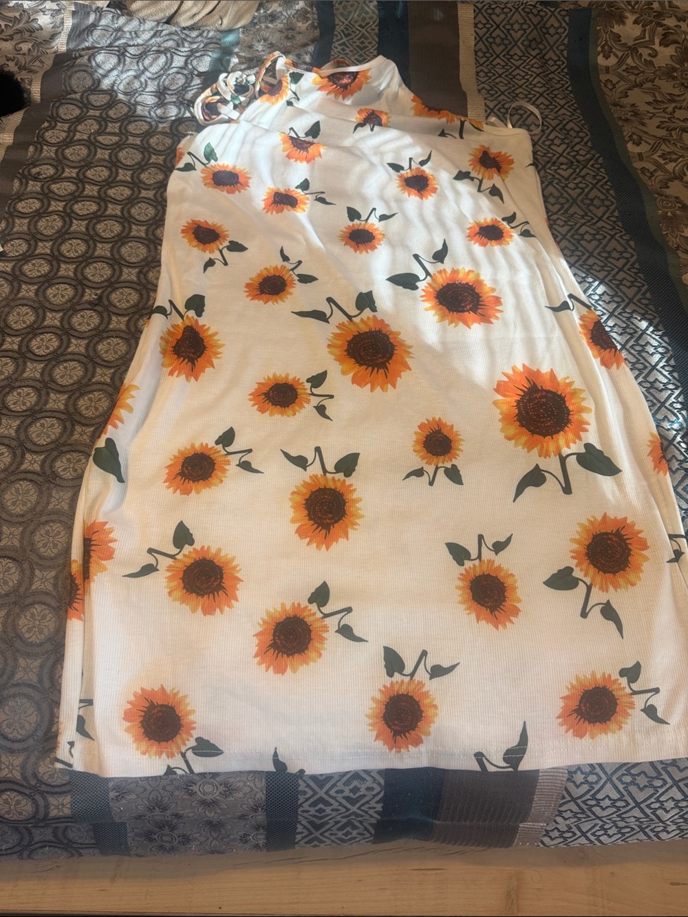 SHEIN White Midi Dress with Sunflower Print